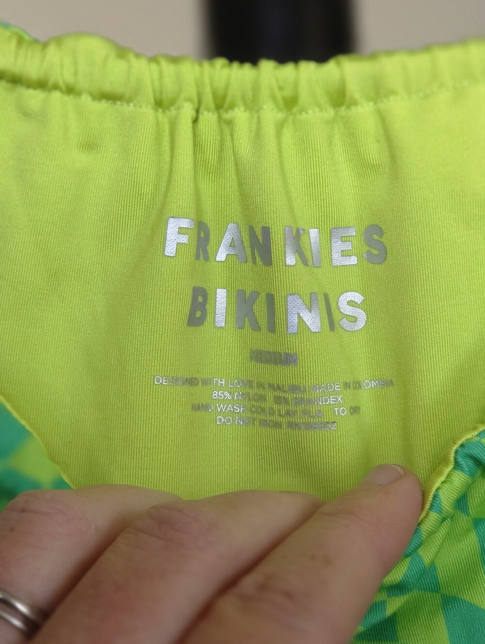 Frankie's Bikinis Tia Skimpy String Bikini Bottom - Neon Green Checkered - Picture 3 of 5